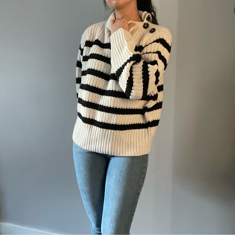 Zara Cream and Black Striped Turtleneck Sweater